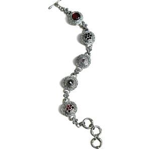 Vintage Silver Tone Ornate Medallion Link Toggle Bracelet Red Black Accents